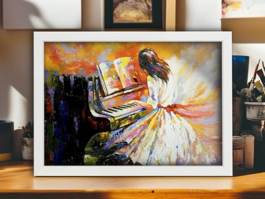 🎹 Tablou pe pânză Fată la pian cu ramă albă
