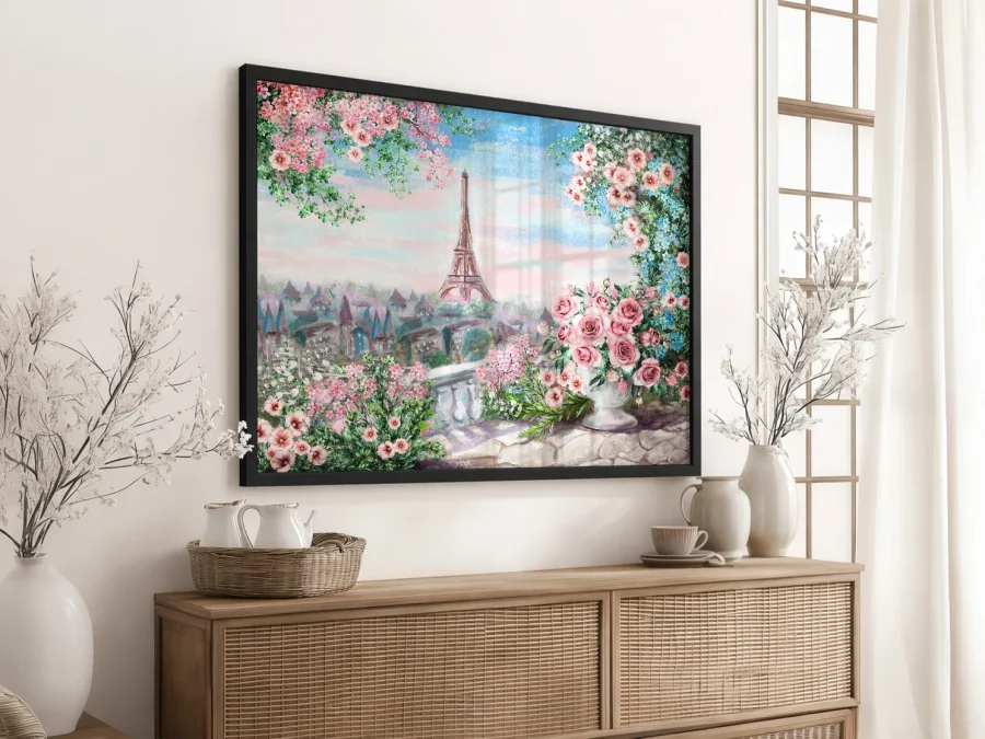 🗼 Картина Эйфелева башня и розовые цветы в черной раме