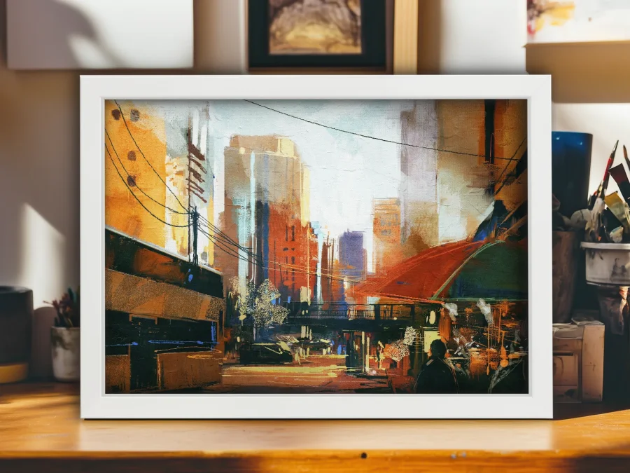 🏙️ Картина Огни города абстракция в белой раме