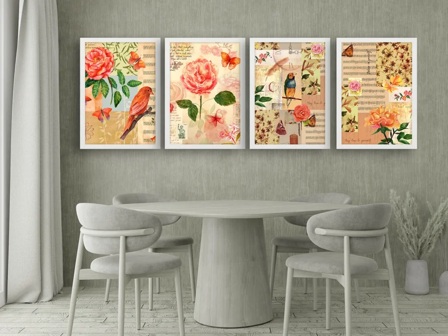 🌸 Set tablouri Vintage Trandafiri și Păsări în ramă albă