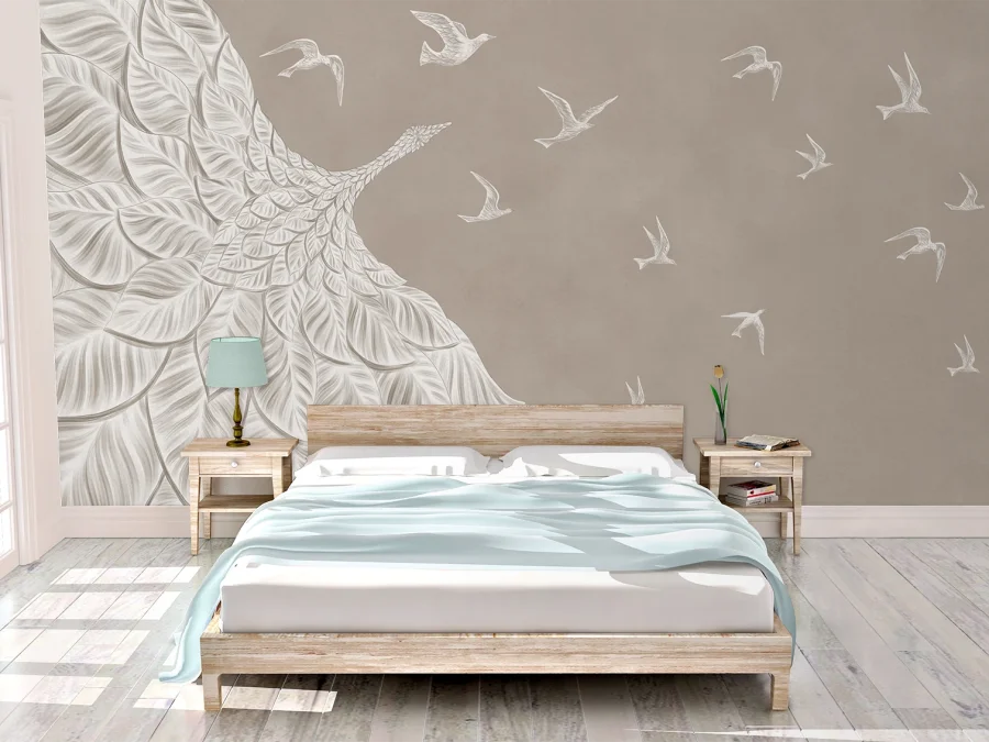 🕊️ Фотообои «Перо птицы и летящие силуэты»