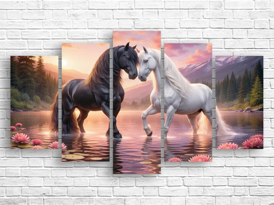 🐎 Модульная картина «Черный и белый конь на озере»