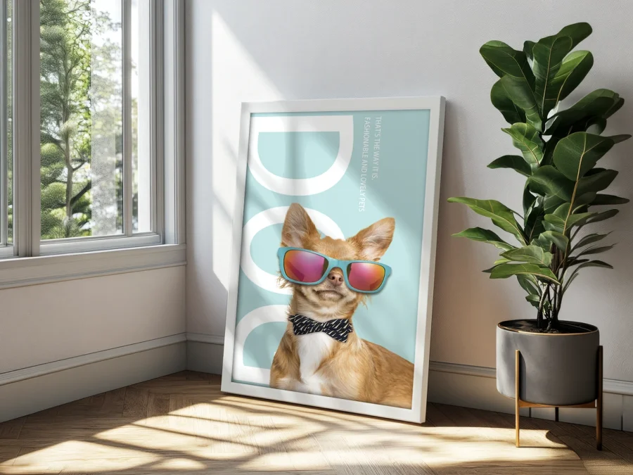 🐶 Câine stilat cu ochelari în ramă albă