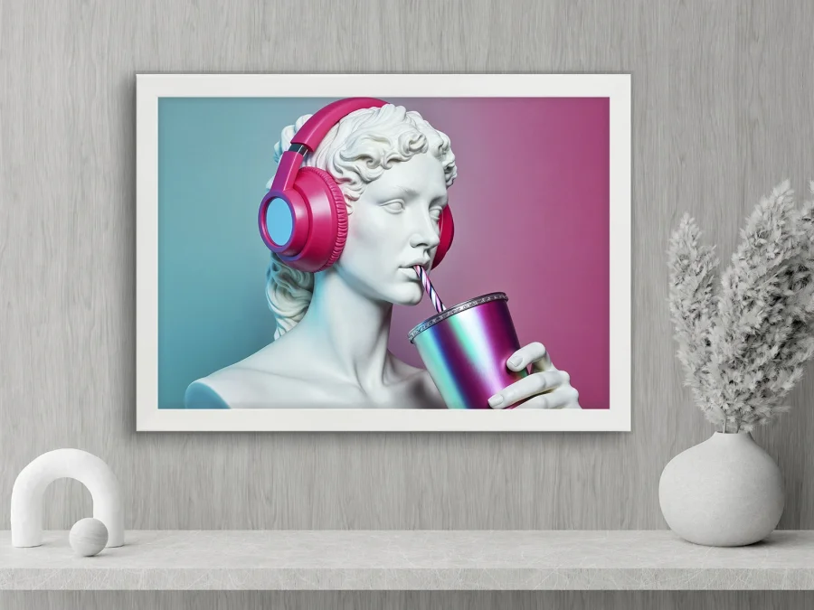 🎧 Tablou „Statuie cu căști și băutură”