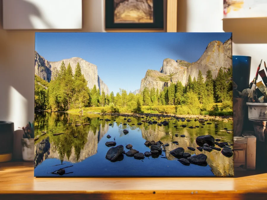 🏔️ Tablou pe panza Peisaj Yosemite cu râu în oglindă