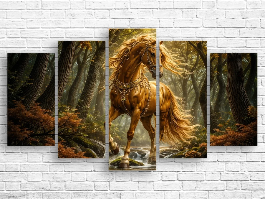 🐎 Tablou modular „Cal auriu în pădure”