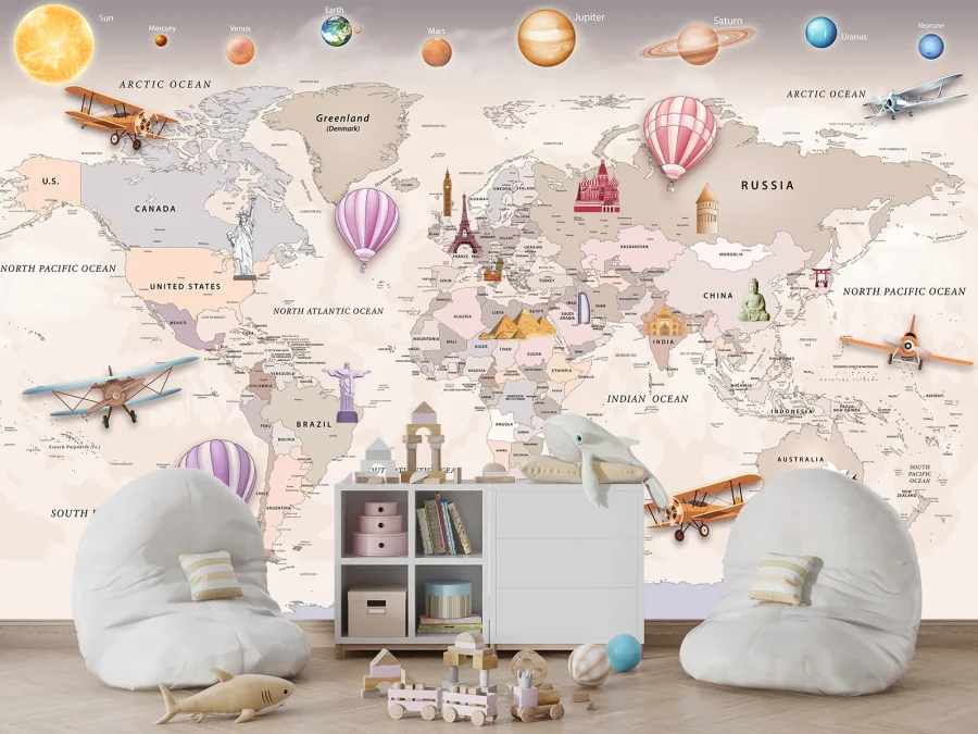 🌍 Fototapet copii „Harta lumii cu obiective turistice”