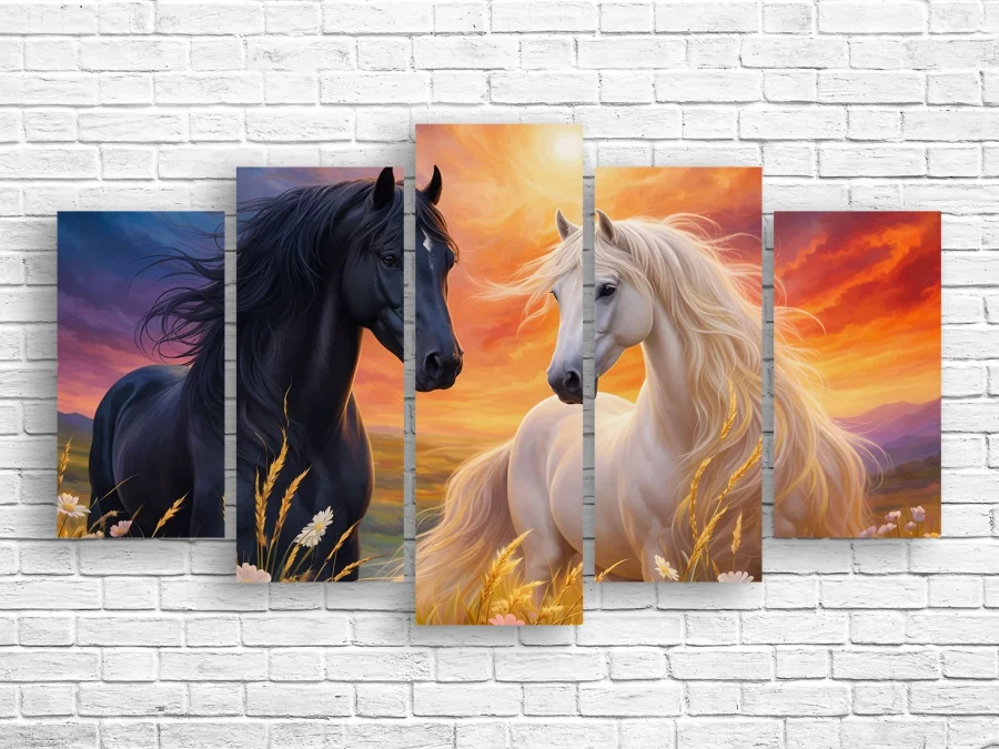 🐎 Модульная картина «Черный и белый конь на закате»