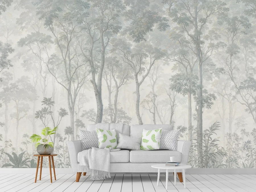 🌫️ Фотообои «Туманный лес в светлых тонах»