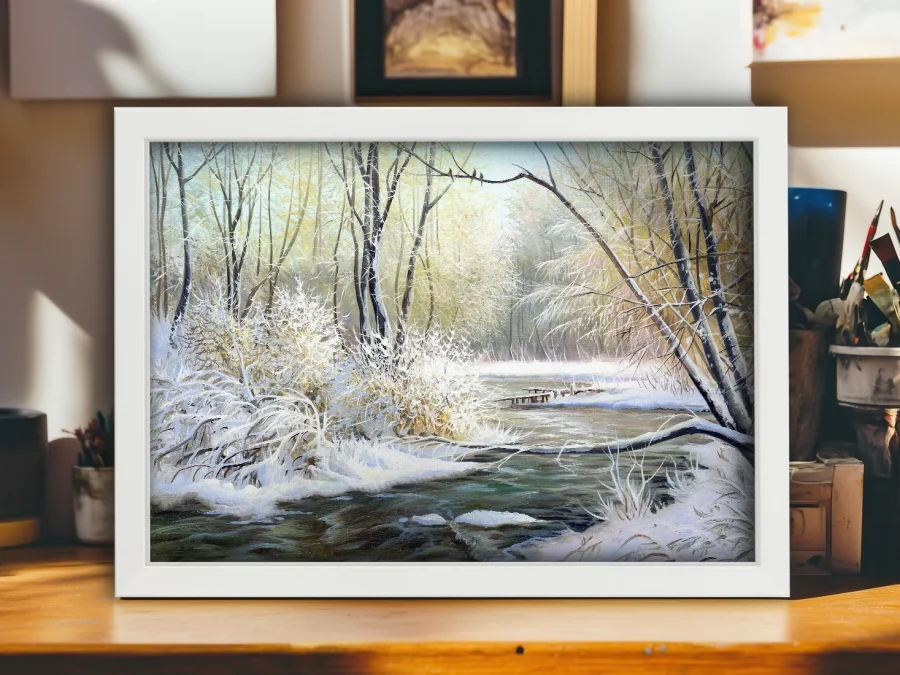 🏠 Tablou pe pânză Râu de iarnă în ramă neagră