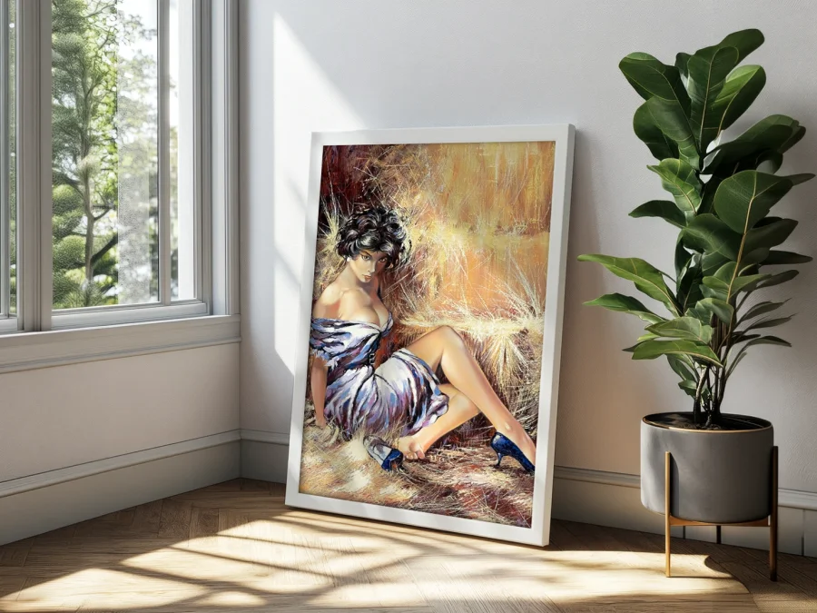 👗 Tablou pe pânză Fată pe fân pin-up cu ramă