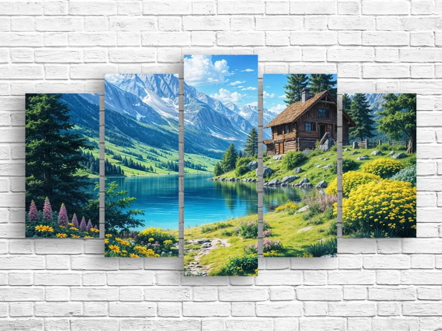 ⛰️ Tablou modular Cabană la munte lângă lac