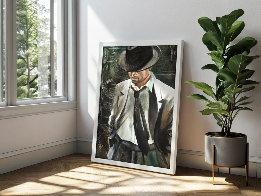 🕶️ Tablou pe pânză Bărbat cu pălărie cu ramă albă