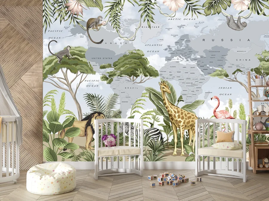 🌍 Fototapet copii „Harta lumii cu animale”