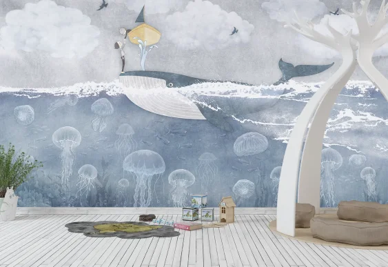 🐋 Фотообои «Кит и медузы в океане»