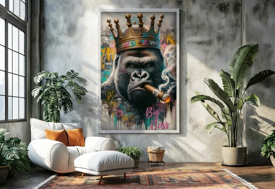 🦍 Tablou pe pânză gorilă cu coroană și trabuc