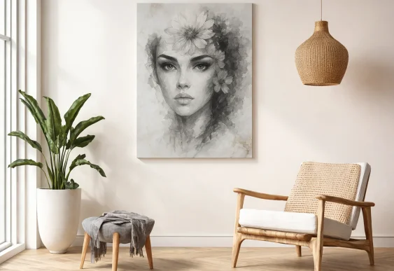 🎨 Tablou Portret de Femeie în Acuarelă cu flori pe pânză