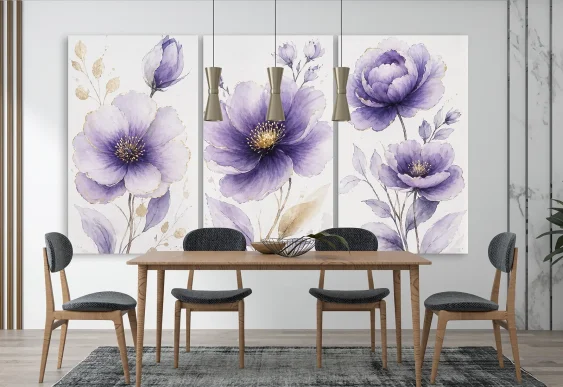 🌸 Модульная картина фиолетовые цветы акварель холст