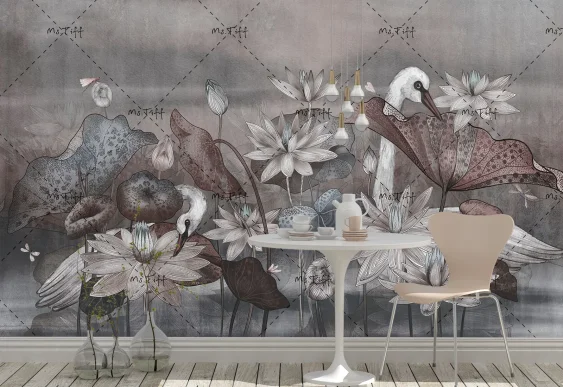 🦢 Фотообои «Лотосы и журавли в графическом стиле»