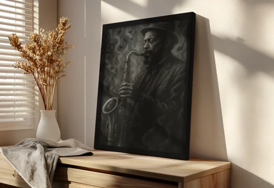 Tablou saxofonist jazz stil întunecat pe panza