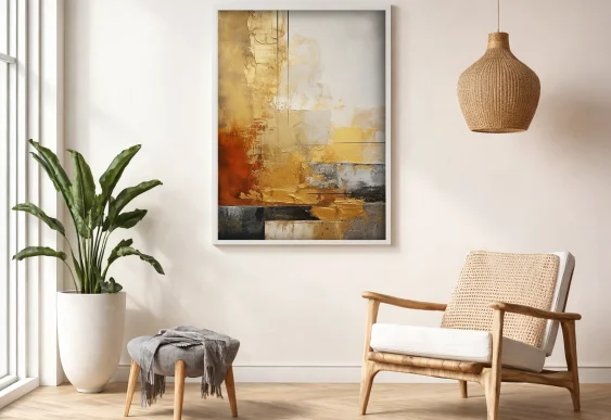 🎨 Tablou abstract accente gri și galben pe panza