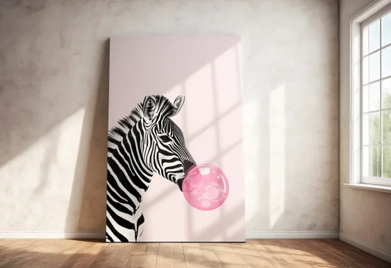 🦓 Tablou Zebră cu gumă roz pe pânză