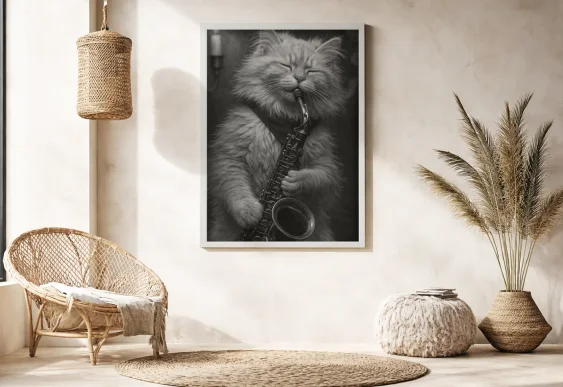 Tablou pisică cu saxofon alb-negru pe panza