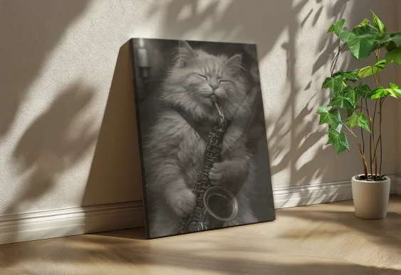 🎷 Tablou Motan Trompetist în stil Jazz pe pânză