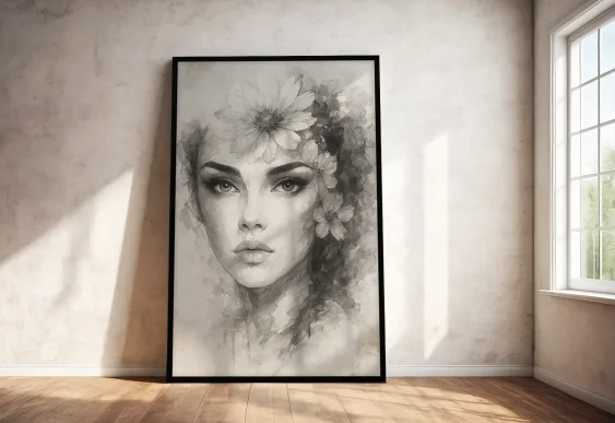 🌸 Tablou în ramă portret feminin cu flori alb-negru