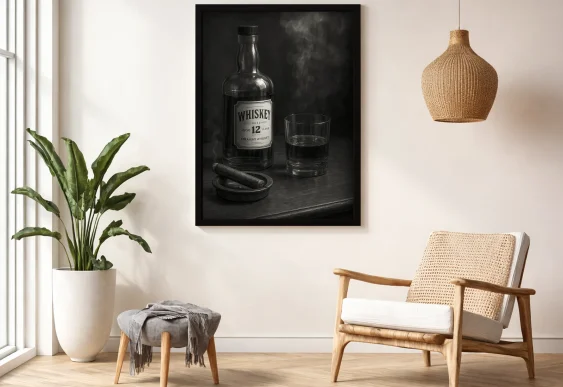 🥃 Tablou whisky și trabuc în stil întunecat pe panza