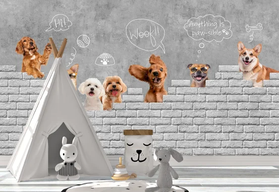 🐶 Fototapet „Căței veseli la perete”