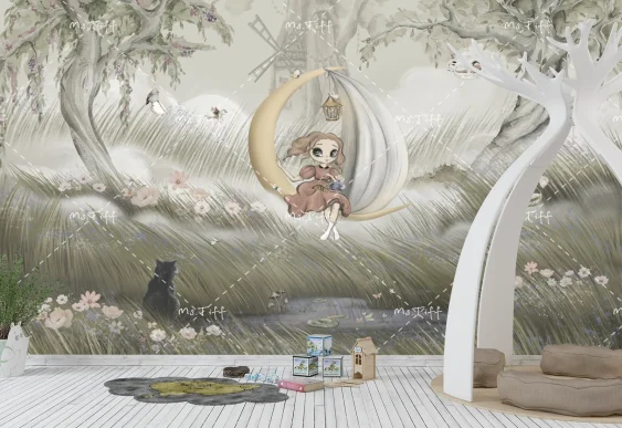 🌙 Фотообои «Девочка на луне в сказочном лесу»