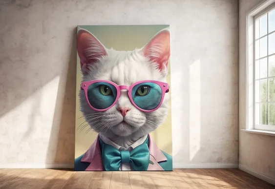 🐱 Картина Стильный Белый Кот в розовых очках на холсте