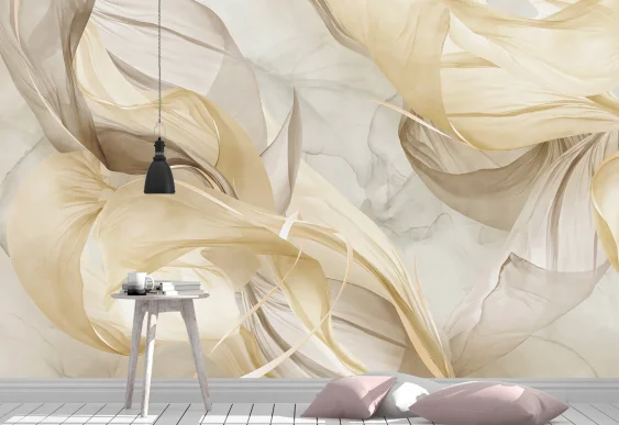 💚 Фотообои «Абстрактные зелёные волны с золотыми линиями»