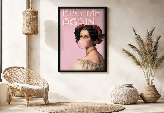 💋 Tablou pe pânză portret cu text KISS ME AGAIN