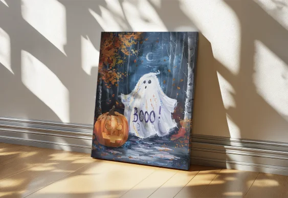 🎃 Tablou Fantomă Drăguță și Dovleac Halloween pe pânză