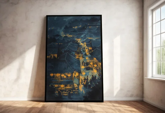 🌃 Tablou în ramă oraș asiatic noaptea cu lumini calde