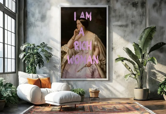 Tablou cu ramă femeie cu text I AM A RICH WOMAN