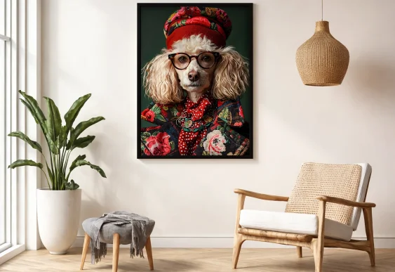 🐶 Картина в раме пудель в очках и красном берете