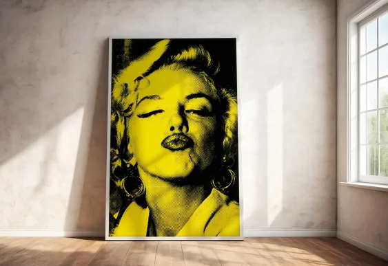 💋 Tablou în ramă pop art portret feminin galben contrast