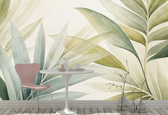 🌿 Фотообои «Лёгкие листья в зелёных и бежевых тонах»