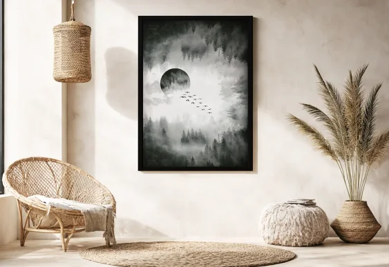 Tablou pădure în ceață cu păsări și lună