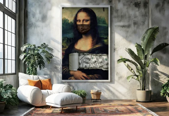 Tablou Mona Lisa cu mască și bani în ramă