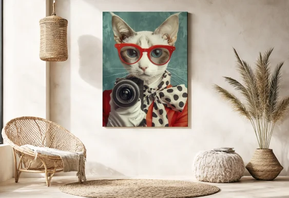 🐱 Картина Кошка Фотограф в красных очках на холсте