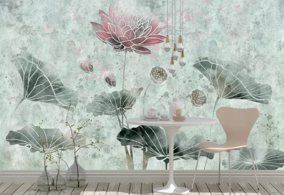 🌸 Фотообои «Лотос и листья акварель»