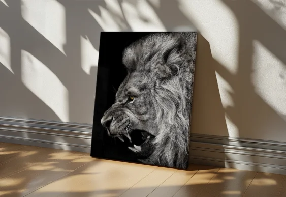 🦁 Tablou Profil de Leu Alb-Negru pe pânză