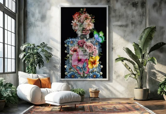 🌸 Tablou floral Chanel cu fluturi eleganți pe panza