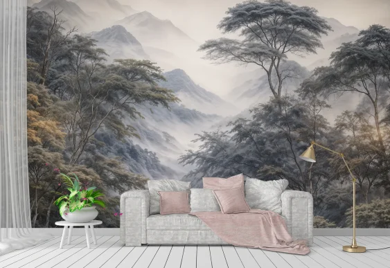 🌄 Фотообои «Горный лес в тумане»