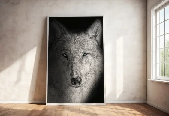 🐺 Tablou în ramă lup cu ochi albaștri portret expresiv