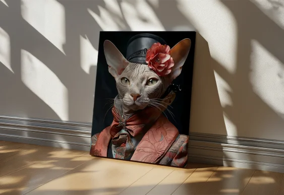 🐱 Картина Кот Сфинкс в шляпе с цветком на холсте